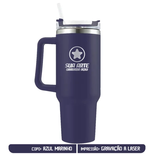 Copo Caneca Térmico de Cerveja com Canudo e Alça Personalizado - Azul Marinho