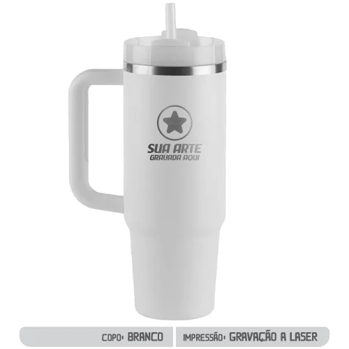 Copo Caneca Térmico de Cerveja com Canudo e Alça Personalizado - Branco