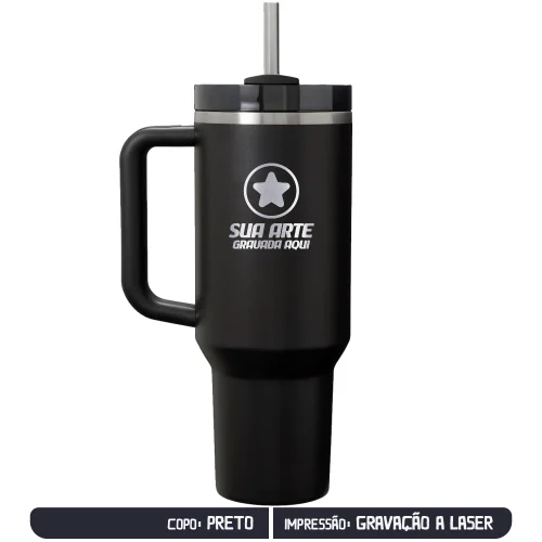 Copo Caneca Térmico de Cerveja com Canudo e Alça Personalizado - Preto